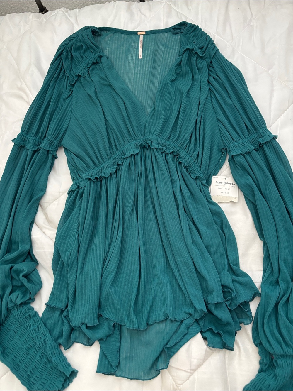 Free People Teal Plissé Peplum V-Neck Long Sleeve Blouse